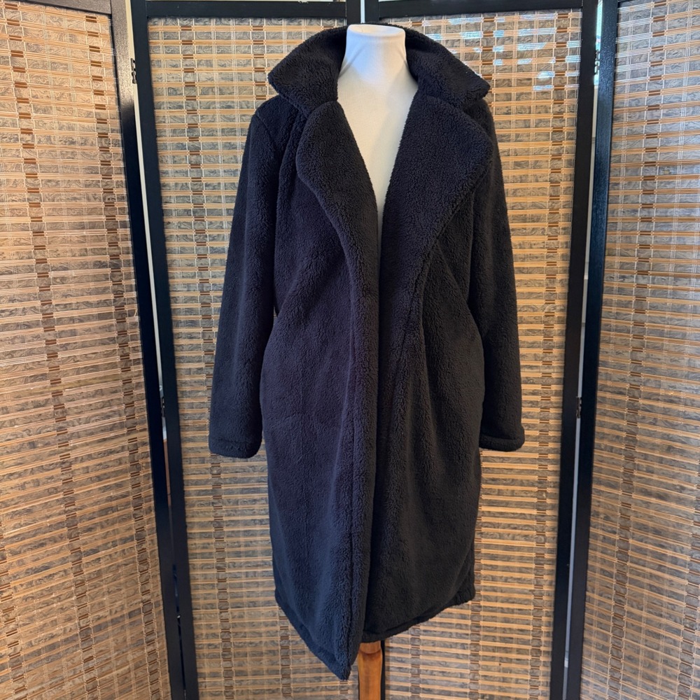 Angashion Teddy Coat Women Medium Black Faux Shearling Open Front Long Jacket